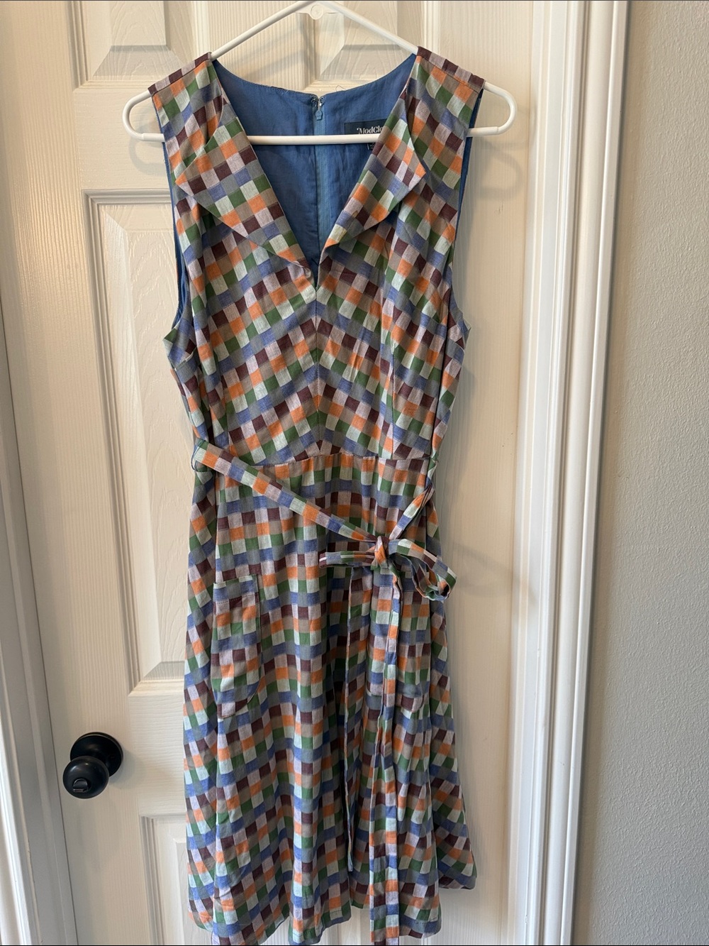 Sleeveless Plaid Wrap Dress in Blue, Green & Orange